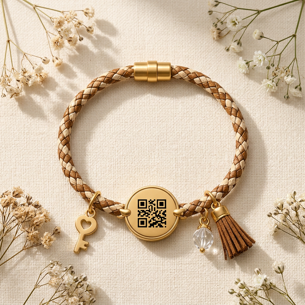 Woven brown and cream MKC bracelet with gold pendant and charms
