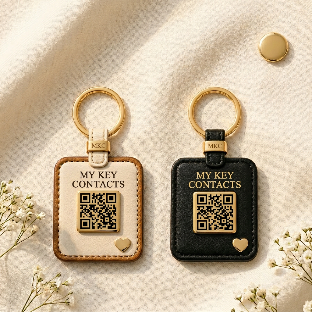 Tan and black leather MKC keyrings with gold QR charms